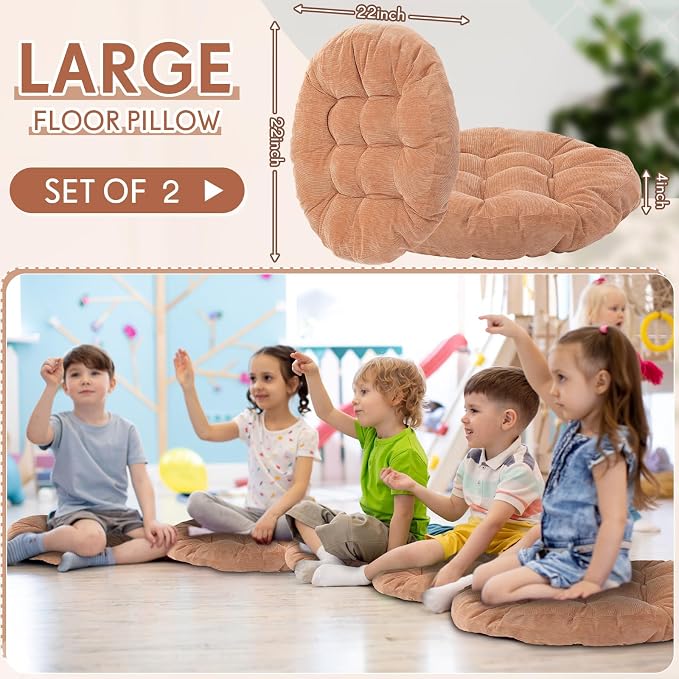 Jerify 2 Pcs Floor Pillow Cushions Large Round Square Large Meditation Floor Pillow for Classroom Adult Meditation Picnic Party Seating Learning Daycare School (Round,Light Brown)