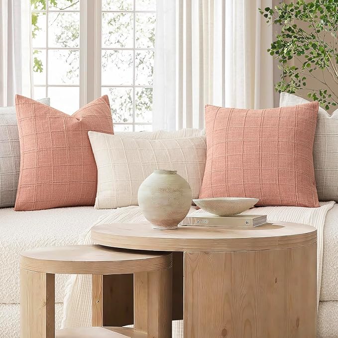 Foindtower Set of 2 Decorative Linen Check Throw Pillow Covers Neutral Farmhouse Lumbar Cushion Covers Modern Boho Accent Home Decor for Sofa Chair Couch Bedroom Living Room,12×20 Inch,Coral Pink