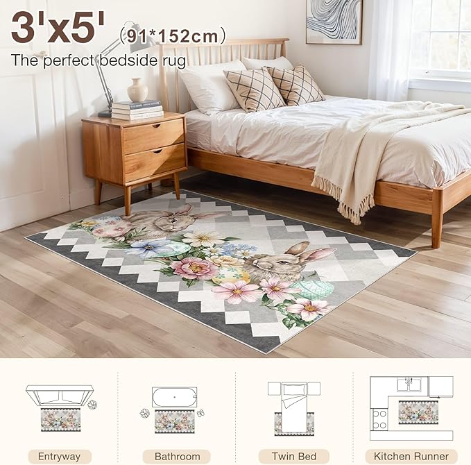 cotiled Area Rug for Living Room, Washable Non-Slip Large Area Rug, Indoor Floor Carpet Low Pile Soft Boho Farmhouse Rug for Bedroom Dining Room Grey 3x5