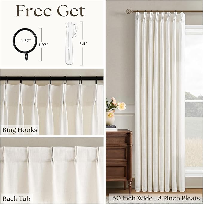 Natural Linen Curtains Pinch Pleated 84 Inches Long for Living Room Bedroom Pleat Rings Back Tab Semi Sheer Curtains 84 Inch Length Light Filtering Farmhouse Drapes Cream Ivory Birch 1 Panel 50x84