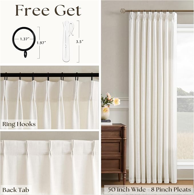 Natural Linen Pinch Pleated Curtains 108 Inches Long for Living Room Pleated Drapes Hooks Back Tab Thick Linen Textured Boho Farmhouse Cream Birch Extra Long 108 Inch Curtain Dining Bedroom 1 Panel