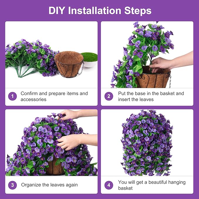 INXUGAO Artificial Flowers with Hanging Basket, Outdoor Faux Plants Silk Morning Glory Vines, Fake Green Arrangement for Garden Patio Spring Summer Decor(4 pcs,Purple)