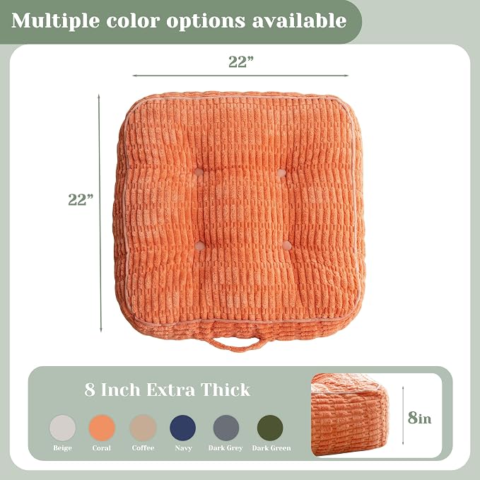 HIGOGOGO 8" Floor Pillow Cushion for Adults, Meditation Cushion Pillow, Blended Corduroy Cover, Large Square Floor Sitting for Tatami Living Room or Yoga, 2Pack, Coral