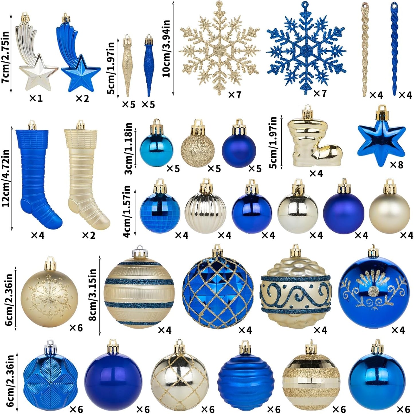 150Pcs Christmas Ball Ornaments Set, Assorted Bauble Ornaments for Xmas Tree, Shatterproof Plastic Hanging Decor for Home/Indoor/Outdoor/Festival/Party (Blue & Gold)