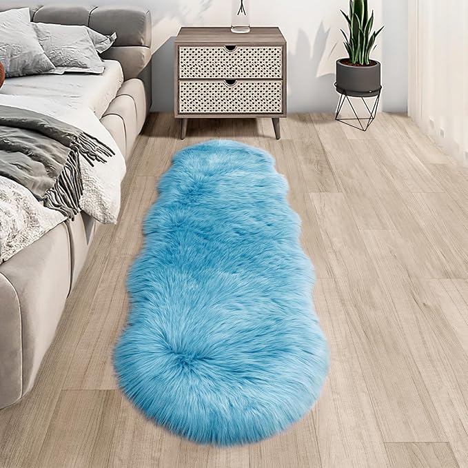 Faux Fur Rug for Bedroom, Fluffy Runner Rugs Soft Sheepskin Rug Sofa Couch Seat Cushion, 2x6ft Sky Blue Plush Area Rug Shag Rugs Floor Carpets for Nursery Bedside, Cute Shaggy Fuzzy Home Decor