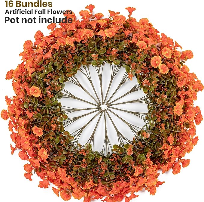 Nigirior Artificial Fake Mums for Outdoor 16 Bundles Fall Orange Morning Glory for Halloween Decorations