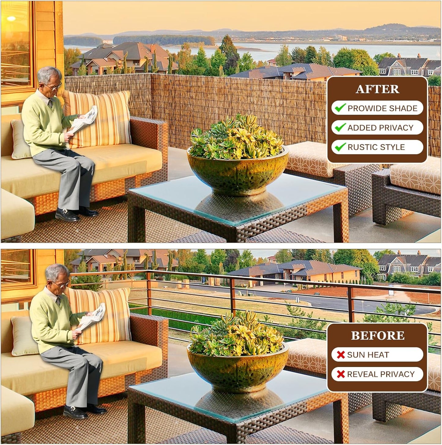 Natural Reed Fencing Rolls: Privacy Bamboo Fence 3/4/5/6ft High Roll Reed Screen, Decorative Bamboo Fencing for Outdoor Balcony Patio Garden Backyard,with Cable Zip Ties(Coffee, 2.6x6.6ft)