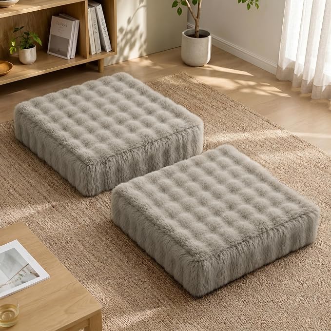 JKMAX 2 Pcs High Density Foam Floor Pillow - Upgraded Large Pillows Seating for Adults - Outdoor Floor Cushion with Soft Tufted Cover - Yoga Pillows for Sitting On Floor - 22 Inch Light Taupe