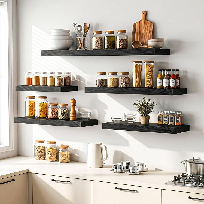 Heimlove Floating Shelves for Wall 48 Inches Long,9.3" Deep Black Floating Shelf Set of 2,Wall Mounted Wood Shelves for Bathroom Bedroom Living Room Kitchen Office,Shelf for Books Storage Room Decor