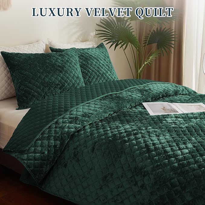 Luxury Soft Velvet Quilt Set Queen Size - Lightweight Velvet Bedding Set for All Season, Oversized Bedspread Coverlet Comforter Set with 2 Pillow Shams, Green, Diamond