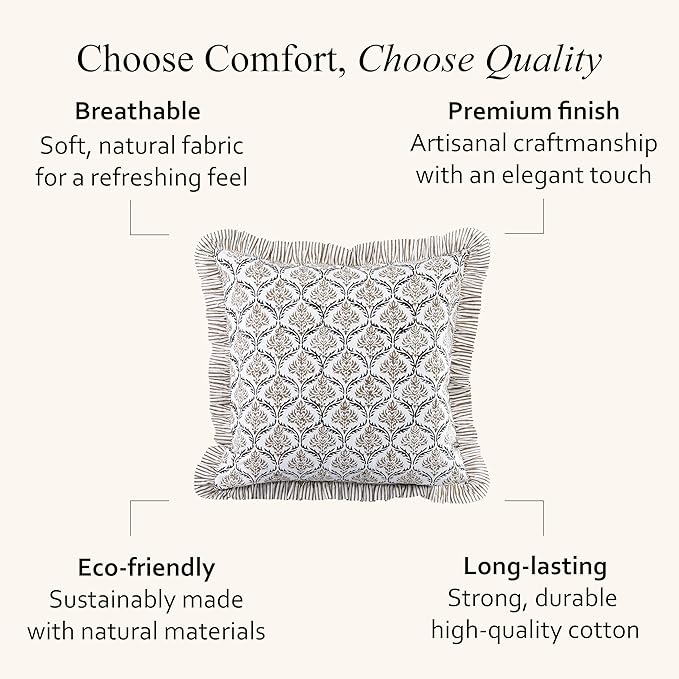 CPC Sandstone Regal Hand Block Print 100% Cotton Ruffle Throw Pillow Cover 24x24 inch with Hidden Zipper Decorative for Couch, Bed, Sofa, Farmhouse, Cottagecore Decor Gift Christmas Fall Thanksgiving