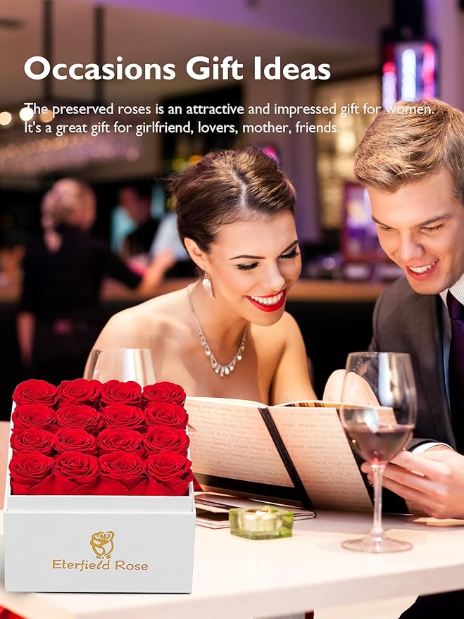 Eterfield Forever Flowers Preserved Roses Real Roses that Last Over a Year Rose Box Gifts for Her Mothers Day Valentines Day Christmas (Square White Box, 16 Red Roses)