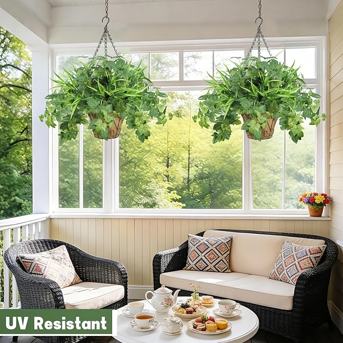 2 Pack Artificial Hanging Plants with Basket, 10 PCS UV Resistant Fake Outdoor Greenery Plants, Faux Grape Leaves for Home Garden Patio Front Porch Yard Decor (Green)