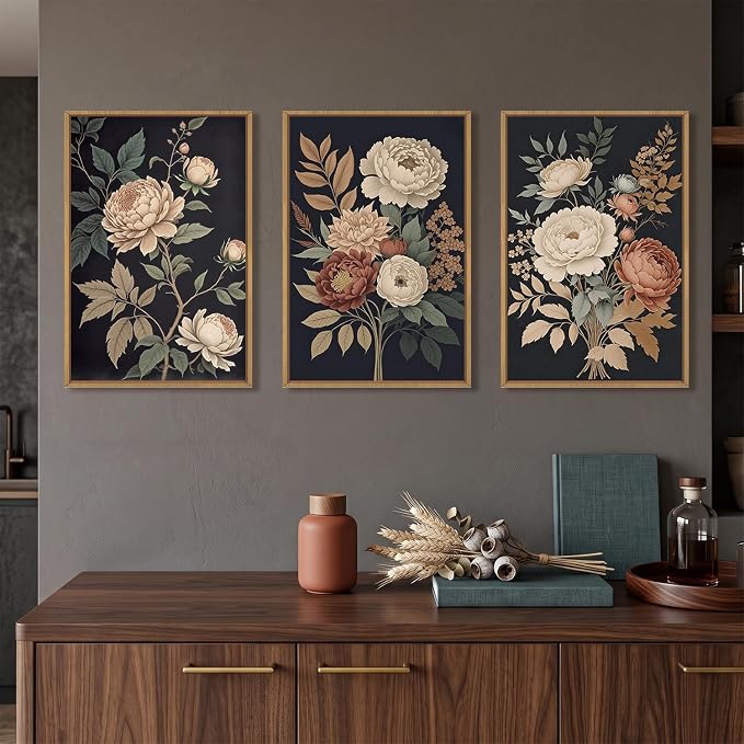 HOURIA Large Moody Dark Flower Framed Canvas Wall Art,Retro Beige Red Peony Wall Decor,Vintage Textured Blossom Botanical Artwork,Natural Wildflower Art Print for Living Room,Bedroom,Office-24 x36 x3