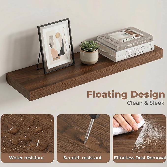 Venusmiles Floating Shelves for Wall, 24 Inch Floating Shelves Set of 2, 6.5" D Wooden Wall Mounted Display Shelves with Invisible Brackets for Living Room, Bedroom, Bathroom, Kitchen Decor, Walnut