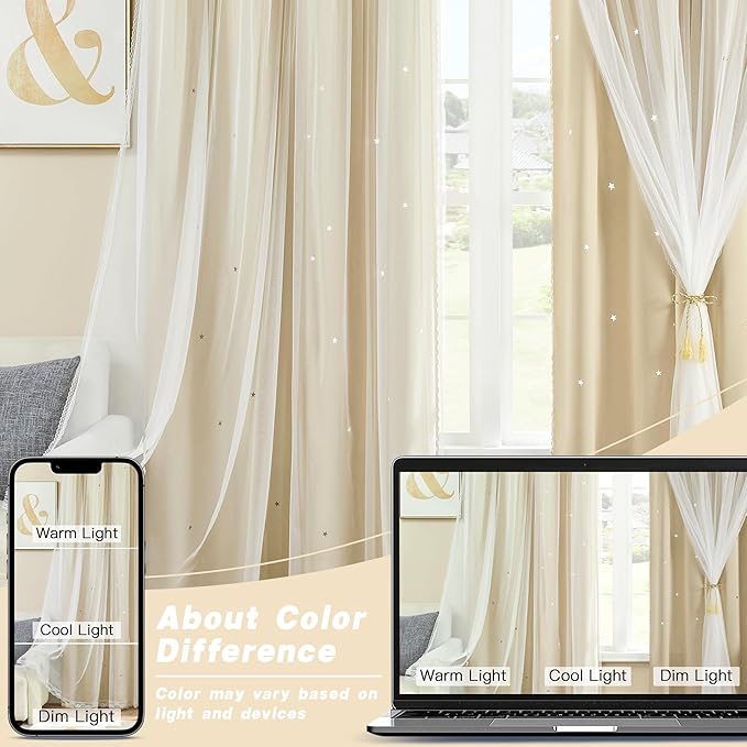 XiDi Biege Blackout Curtains 90 Inches Long for Bedroom Living Room 2 Panels Double Layer Curtains with Sheer Overlay Star Cut Out Wall Home Kid Girl Decor Thermal Grommet Window Drapes W34 X L90