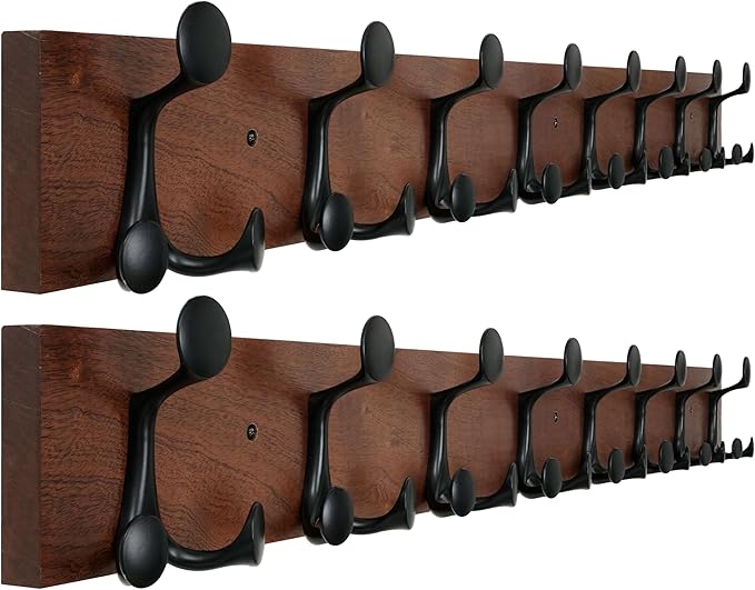 WEBI Coat Rack Wall Mount,43" Solid Wood Coat Hooks Wall Mounted Coat Hanger,16" Hole to Hole,Heavy Duty 8 Triple Hooks for Hanging Coats,Jacket,Hat,Backpack,Farmhouse,Reddish Brown,2 Packs