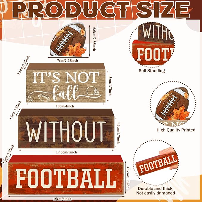 Yuntau 4 Pcs Football Fall Table Decorations Football Tiered Tray Decor Spring Wooden Sign Soccer It's Not Fall Without Centerpiece Decorative Faux Book Block Sign for Coffee Table Mantel Shelf
