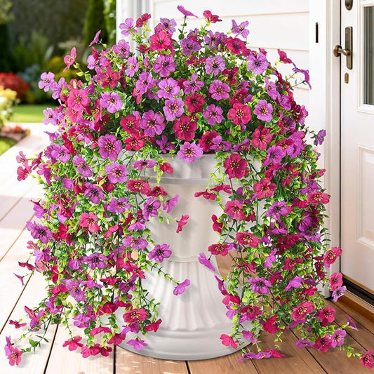 Homsunny Artificial Hanging Flowers for Outdoor, 2PCS Fake Flowers Faux Silk Daisy with Eucalyptus Leaves, UV Resistant Aritificial Flowers for Spring Home Patio Yard Porch Decor (Light Purple Red)