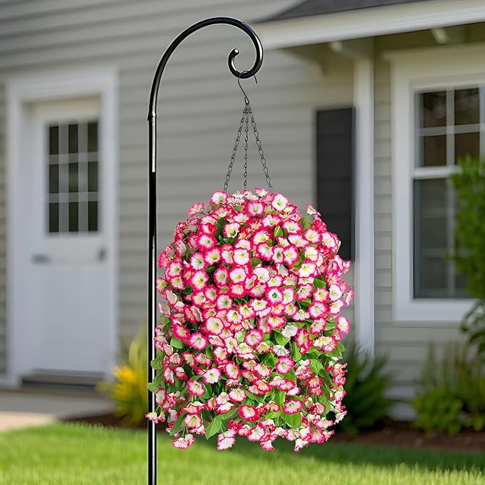 Ammyoo Artificial Faux Hanging Flowers Basket for Spring Summer Outdoor Porch Decor, Fake Silk Colorful Morning Glory Eucalyptus in Planter UV Resistant Look Real for Home Patio Balcony Yard(Pink)