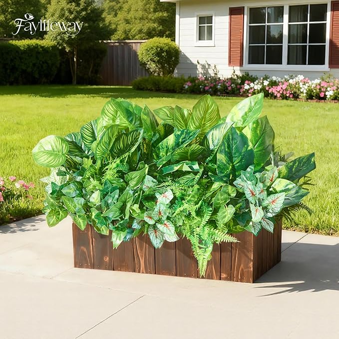 12 Bundles Artificial Plants Outdoor,UV Resistant Fake Greenery Stems with Large Shrubs Faux Plastic Plant for Outside Front Porch Planters Garden Window Box Patio Decor(Pot Not Included)