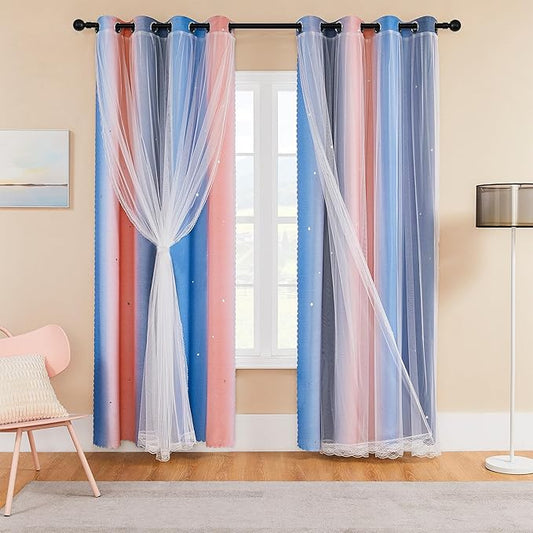 XiDi Girls Curtains for Bedroom 96 Inches Long 2 Panels Pink Grey Blue Rainbow Blackout Curtains for Little Girl Kids Room Decor Living Room, Princess Unicorn Wall Decals Drapes 52x96