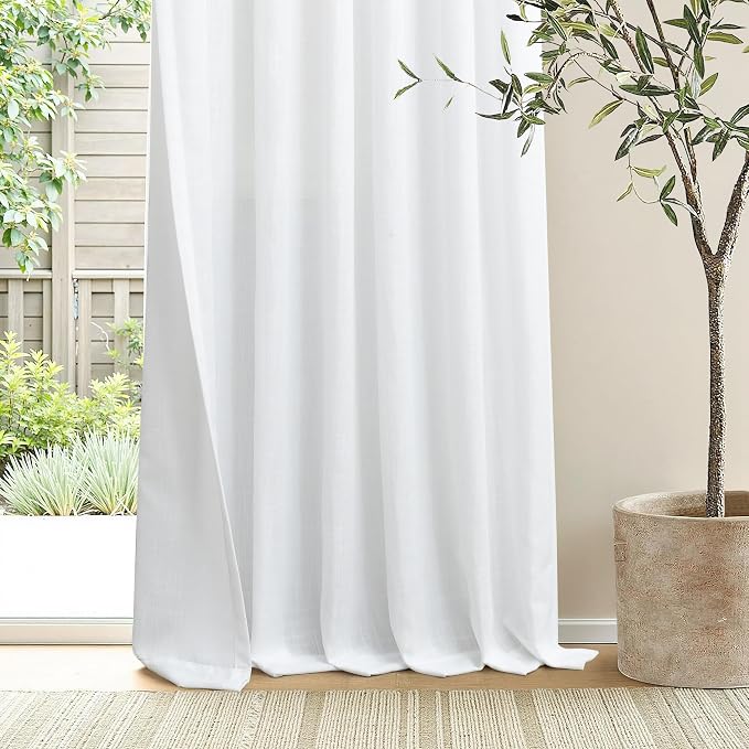 68 Inch Length White Linen Semi Sheer Curtains 2 Panel for Living Room Pinch Pleat Back Tab Light Filtering Textured Pleated Drape Boho Window Treatment for Bedroom Dining Bay Window 40 x 68 Long