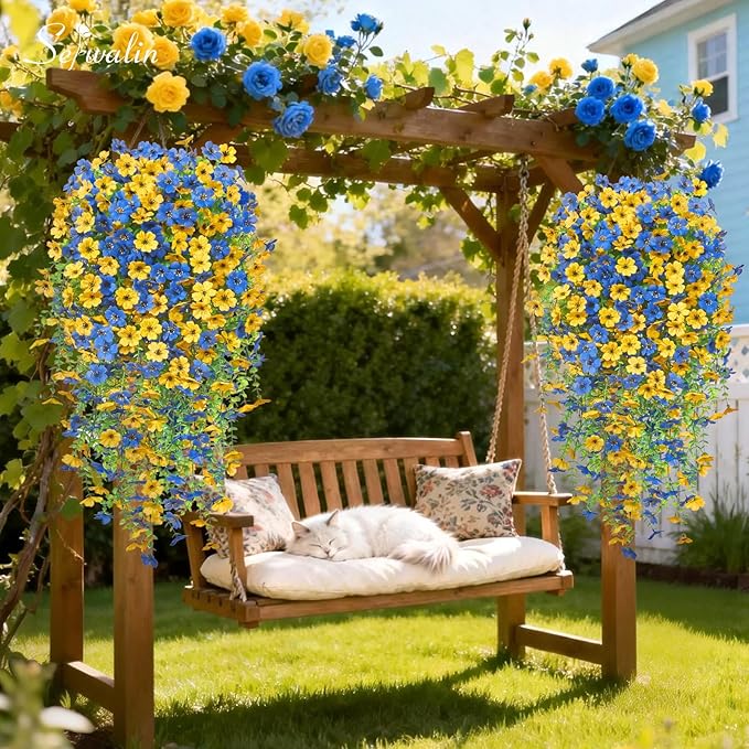 Serwalin 12PCS Artificial Hanging Flowers for Outdoors, UV Resistant Fake Hanging Plants, Realistic Weatherproof Outdoor Decor for Patio, Porch, Garden & Window (Yellow& Blue,12PCS)