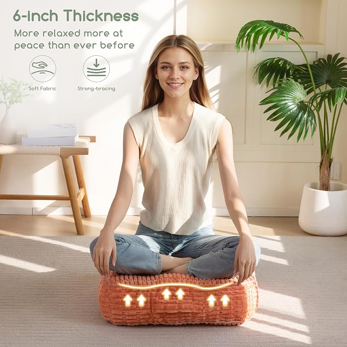 HIGOGOGO 6" Floor Pillow Cushion for Adults, Meditation Cushion Pillow, Blended Corduroy Cover, Large Square Floor Sitting for Tatami Living Room or Yoga, 2Pack, Coral
