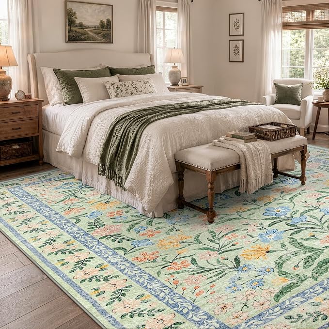 Wonnitar Machine Washable Area Rugs 9x12, Soft Sage Green Floral Rug for Living Room Bedroom, Ultra-Thin Large Foldable Boho Carpets for Playroom Classroom Dining Room