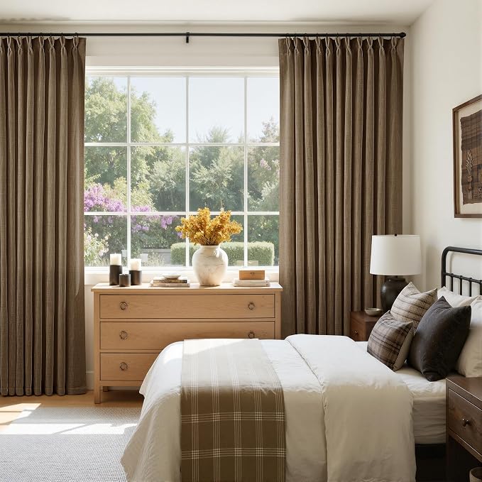 Extra Wide 90 Inch Long Curtains 70 Inch Wide Pinch Pleat Linen Curtains for Living Room Bedroom Light Filtering Privacy Pleated Drapes Hooks Rings Back Tab for Sliding Door Dutch Cocoa 1 Panel