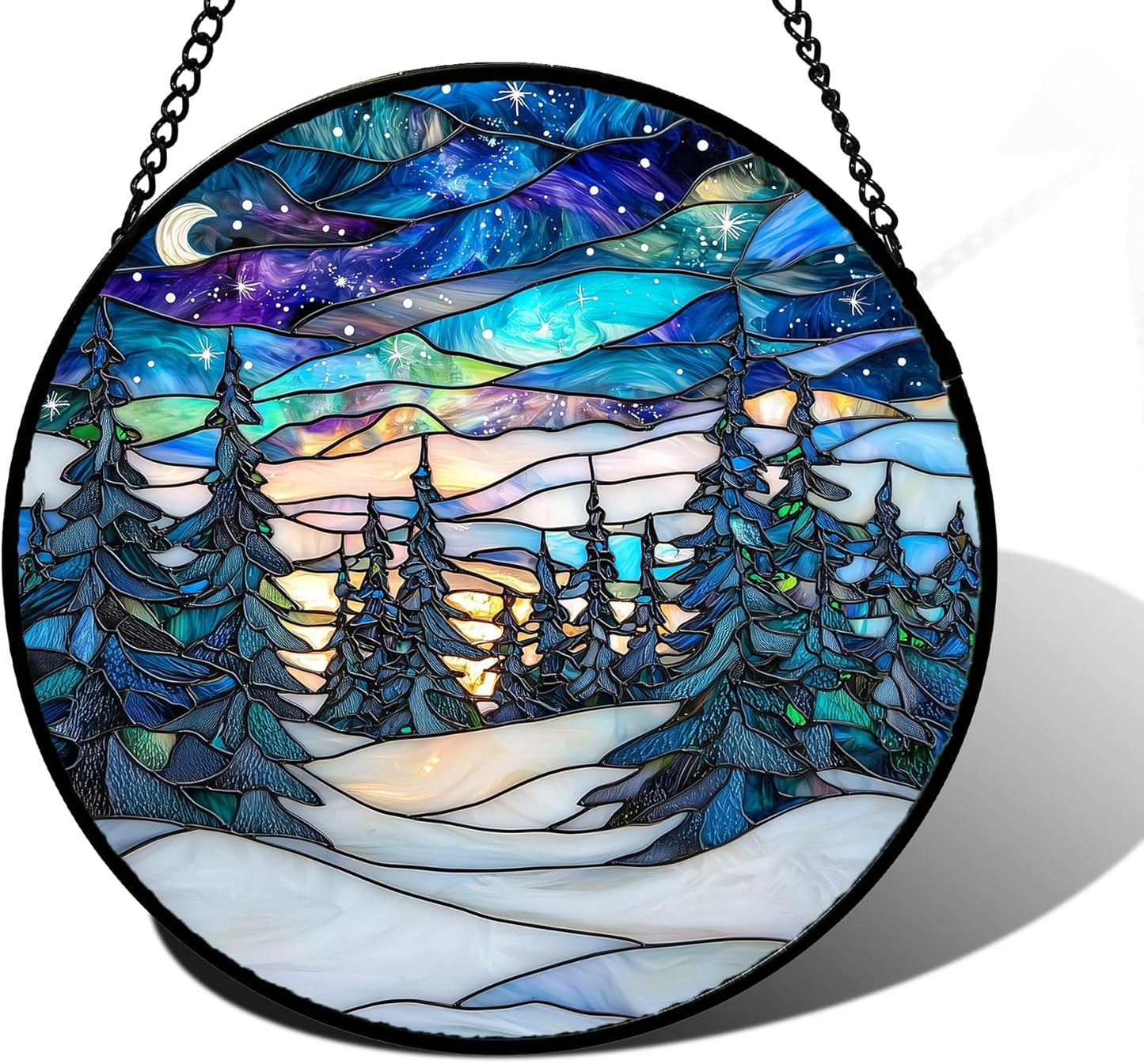 Stained Glass Window Hanging, Starry Sky Trees and Snow Sun Catchers Glass Panel Blue Suncatcher Decor for Birthday for Women, Men, Wife, Aunt, and Mom 6.3 in