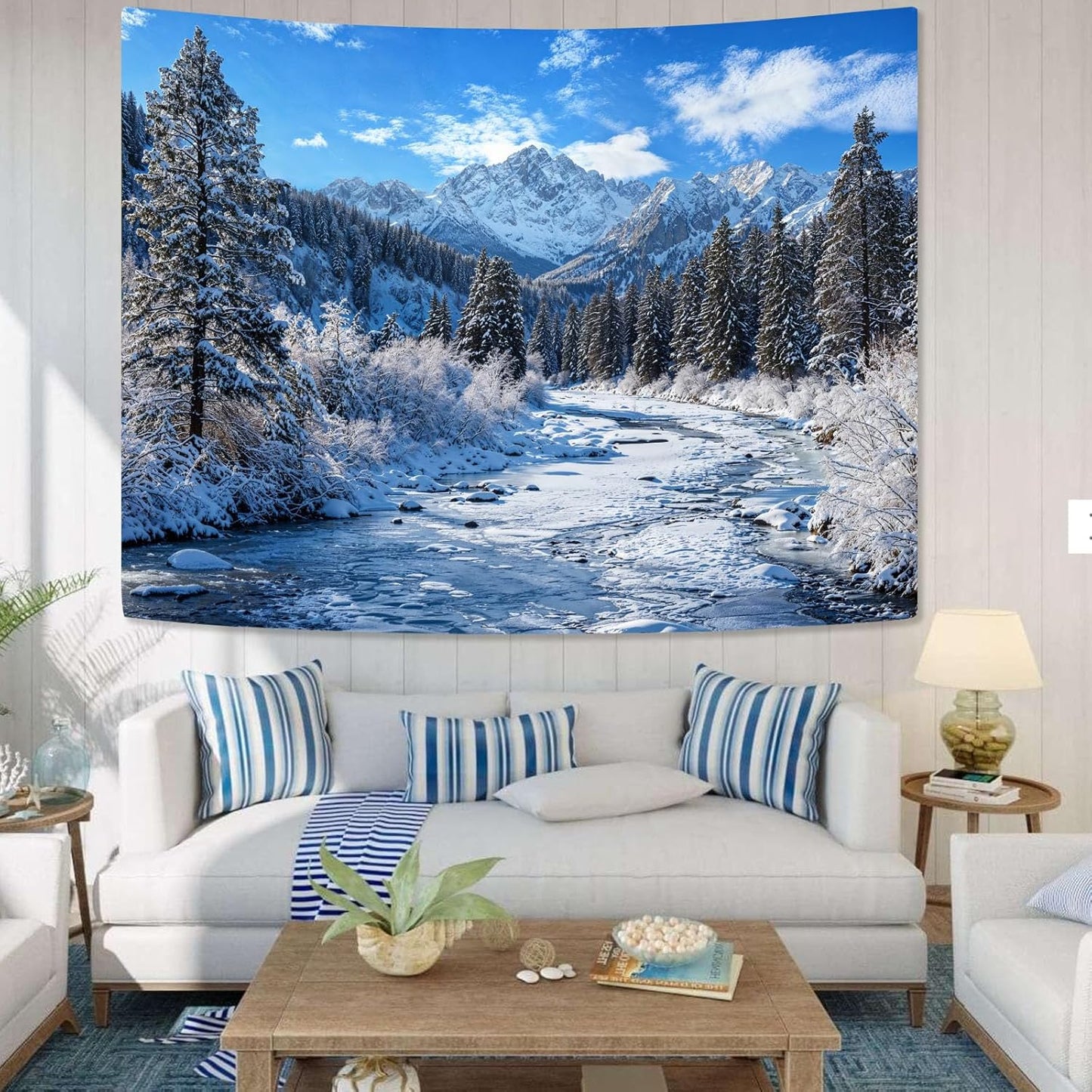 AMM Winter Forest Snow Mountain Tapestry Snowy Pine Tree Woodland Tapestry for Bedroom Aesthetic White Clouds Flowing River Landscape Tapestries Wall Hanging for Living Room Dorm Office 60 x 44 Inch