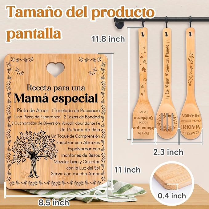 Regalos de cumpleaños para mamá - "Receta para una mamá especial". Juego de tablas de cortar y utensilios de bambú grabados. Regalos de cumpleaños para mamá. Spanish Mom Cutting Board