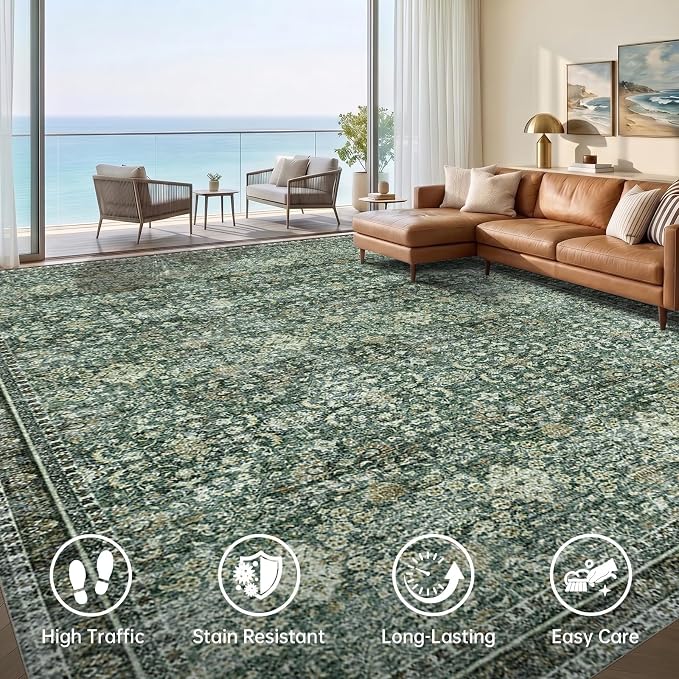 Sasttie 8x10 Area Rugs, Ultra-Soft Washable Rug, Low Pile Foldable Thin Carpets with Non-Slip Backing, Skin-Friendly Stain Resistant Carpet for Living Room, Bedroom, Kitchen, Dorm, 8x10, Dark Green