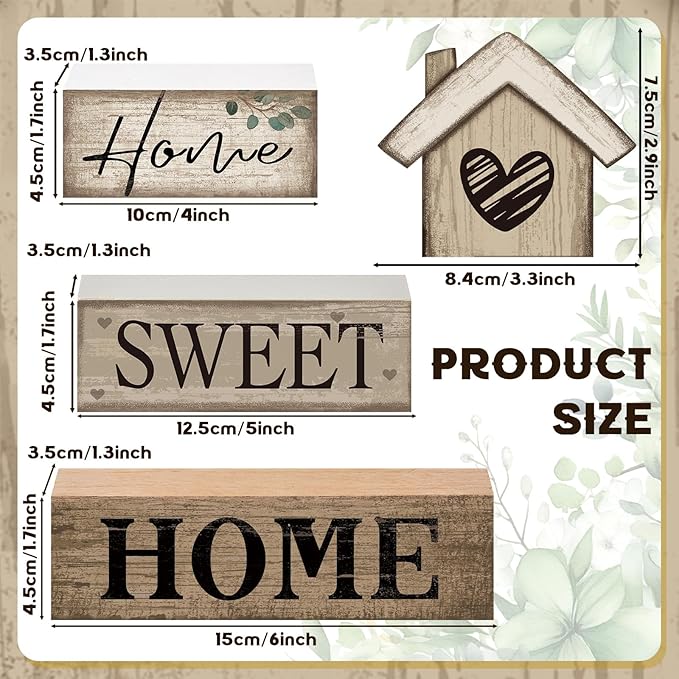 Moucuny 4 Pcs Wooden Farmhouse Tabletop Decor Rustic Home Tiered Tray Decor Decorative Highland Cow Home Eucalyptus Block Signs Gift Farmhouse Table Decoration for Kitchen Shelf(House)