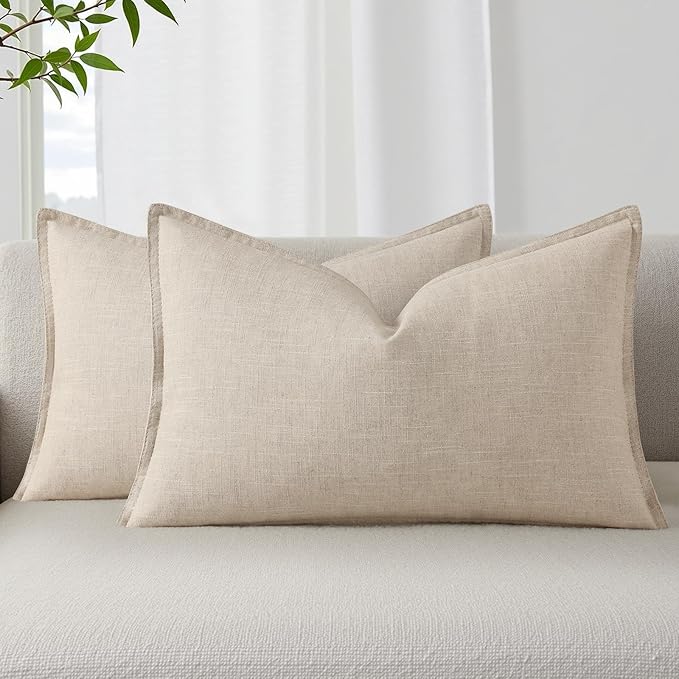 decorUhome Summer Decorative Linen Throw Pillow Covers 12x20 Inch Set of 2 Natural Beige Lumbar Pillow Covers with Flange Edges Soft Farmhouse Boho Accent Pillow Cases for Couch Bed Living Room