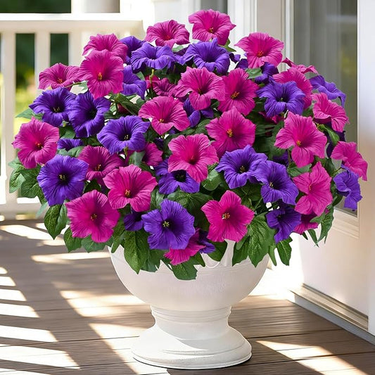 MARTINE MALL Artificial Flowers for Outdoors, 8 Bundles Realistic Fake Outdoor Flowers, UV Resistant Silk Petunia Flower for Outside Look Real Faux Flower Plant for Outdoor Porch Decor, Purple+Fuchsia