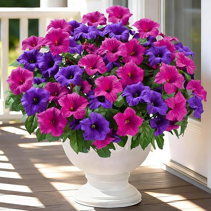 MARTINE MALL Artificial Flowers for Outdoors, 4 Bundles Realistic Fake Outdoor Flowers, UV Resistant Silk Petunia Flower for Outside Look Real Faux Flower Plant for Outdoor Porch Decor, Purple+Fuchsia