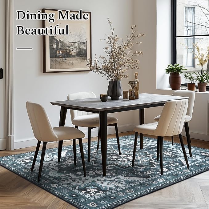 Rugflix 3x5 Area Rugs Machine Washable, Dark Navy Blue Carpet for Entryway, Oriental Indoor Area Rug Low Pile, Small Soft Thick Carpets Non Slip, Farmhouse Vintage Rug for Kitchen Laundry Room