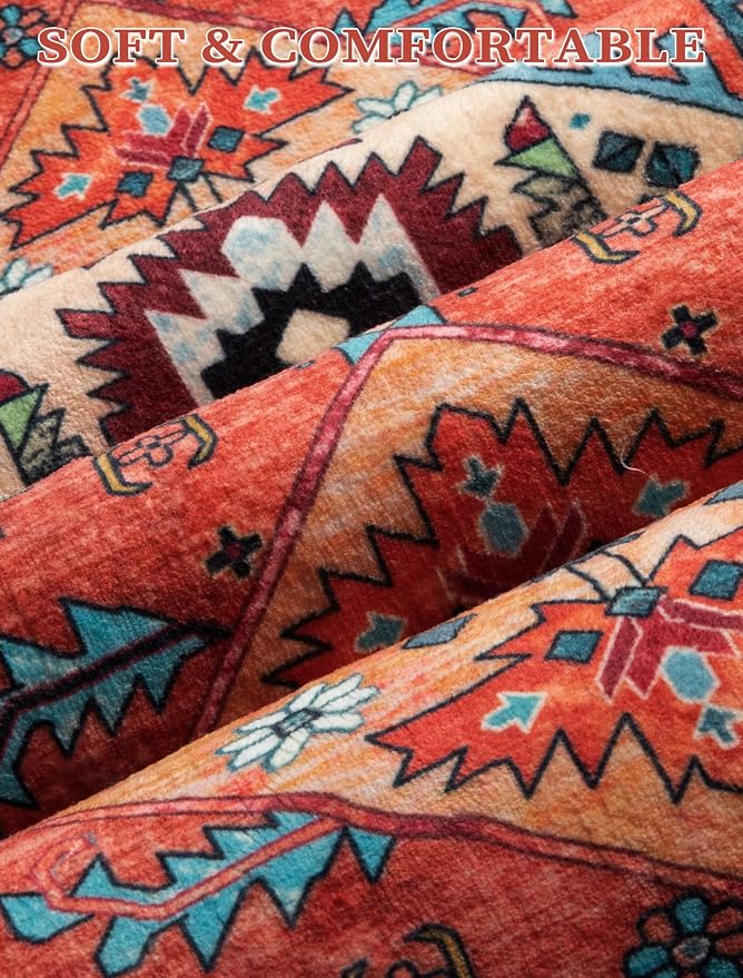 SERISSA Runner Rug for Hallways, 3x8 Washable Non Slip Kitchen Runner Rug, Long Boho Rug Vintage Orange Hallway Stair Ultra Soft Print Floor Carpet for Bedroom Bathroom Laundry Room