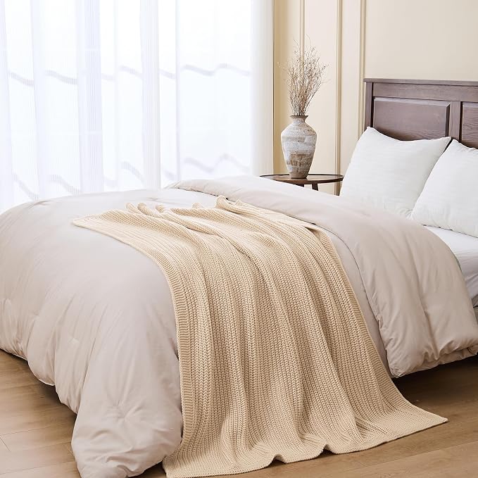 Soft Chunky Knit Ginger Beige Throw Blanket - Thick Cozy Decorative Blanket for Couch Sofa Bed Living Room, 60"x80"