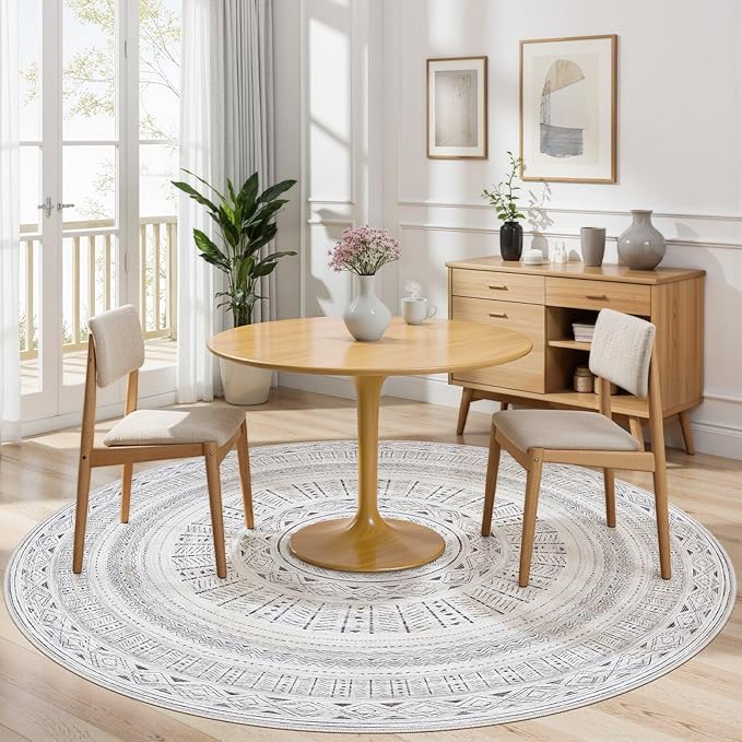 cotiled 6x6 Round Area Rug Living Room: Washable Boho Rugs with Non Slip Backing Large Soft Indoor Stain Resistant Carpet for Bedroom Farmhouse Dining Room Lightweight Home Decor Dark Grey