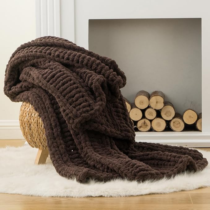Battilo Chunky Knit Throw Blanket for Couch, 50"x60", Chocolate Brown | Hand Knit, Gift Blanket, Cozy Warm Thick Soft Chenille Throw Blanket for Bed, Sofa, Chair, Living Room