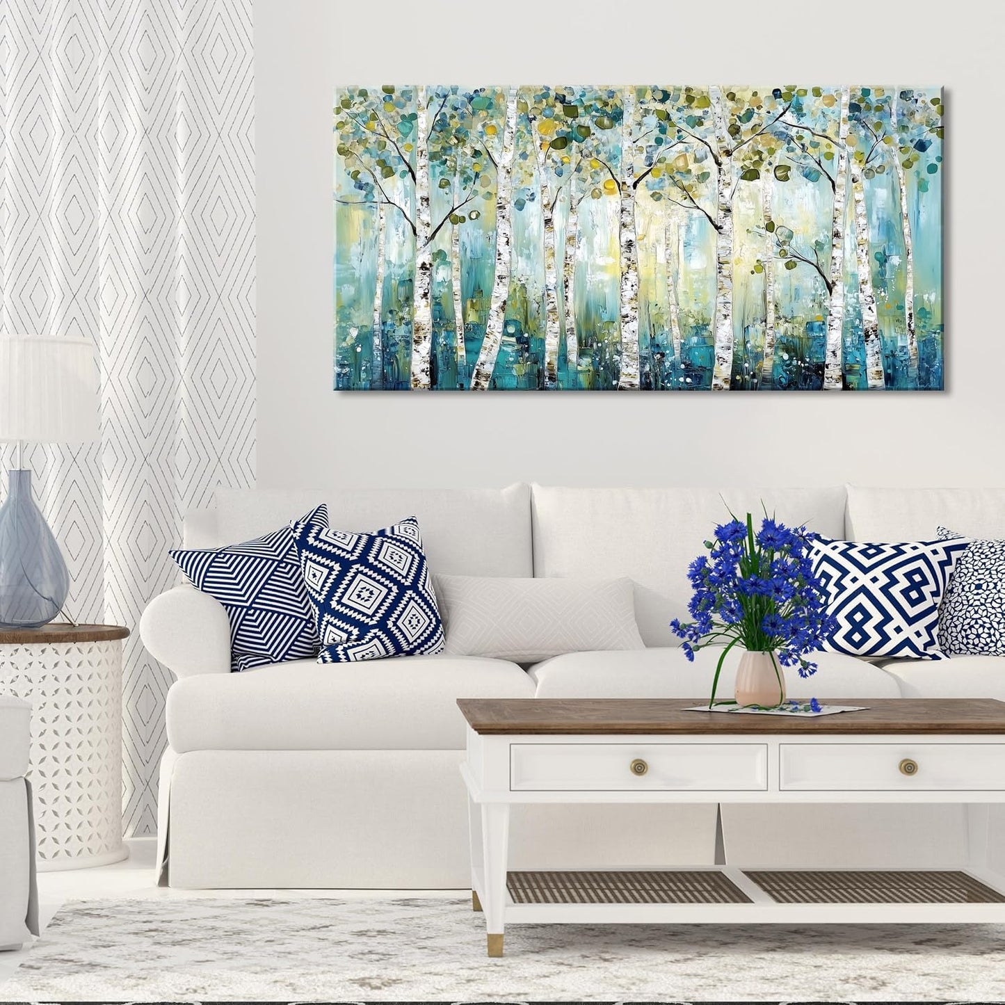 LASMOND Abstract Teal Grove Canvas Paintings Prints Modern Tree Wood Artwork Decor Wall Art for Living Room Bedroom Offices (40x20 Inches)