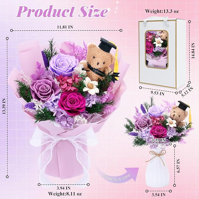 “So Proud of You”Preserved Purple Bouquet with Graduation Bear in Cap Gown | Real Eternal Flowers with Vase