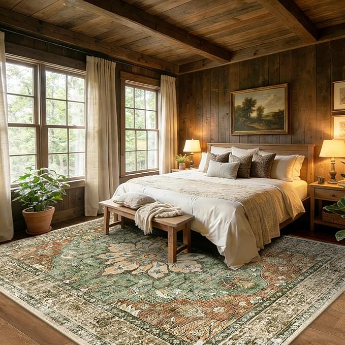 RELEANY Area Rugs 9'x12' Washable Non-Slip, Floral Vintage Distress Print Pattern Medallion Carpet for Living Room Bedroom Dining Room, Brick Red Rust Neutral Brown Burnt Orange Green