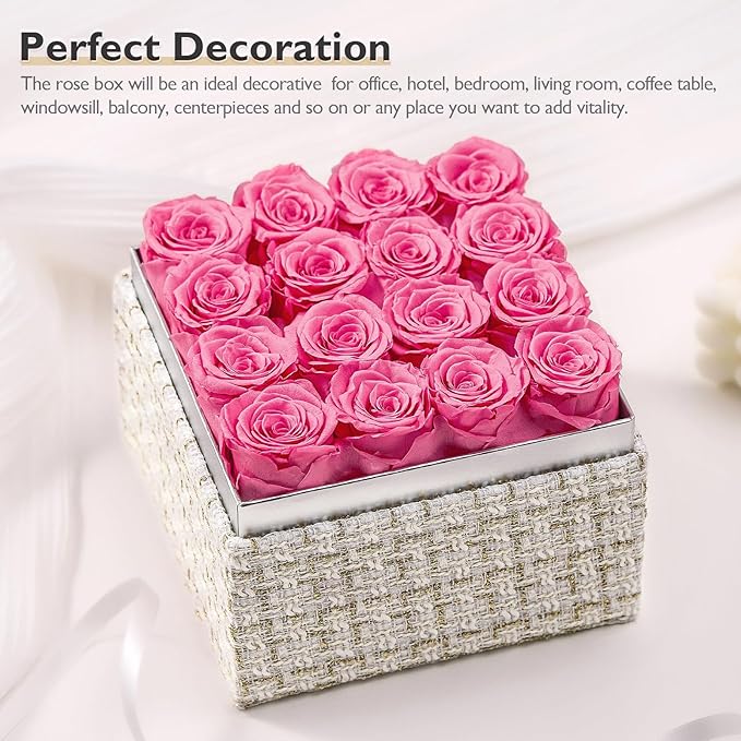 Eterfield Forever Flowers Preserved Roses Real Roses that Last Over a Year Rose Box Gifts for Her Mothers Day Valentines Day Christmas (Square Gold White Plaid Box, 16 Pink Roses)