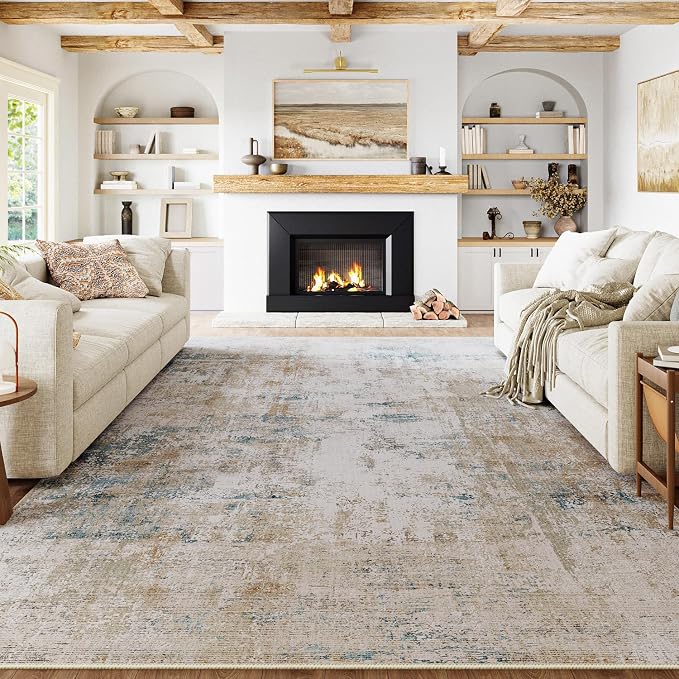 10x14 Washable Area Rug Beige Blue Abstract Non Slip Soft Low Pile Rug for Living Room Bedroom Dining Room Office Neutral Modern Indoor Large Throw Carpet for Home Decor