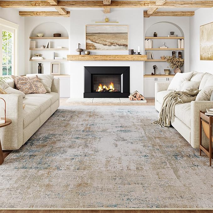 9x12 Washable Area Rug Beige Blue Abstract Non Slip Soft Low Pile Rug for Living Room Bedroom Dining Room Office Neutral Modern Indoor Large Throw Carpet for Home Decor